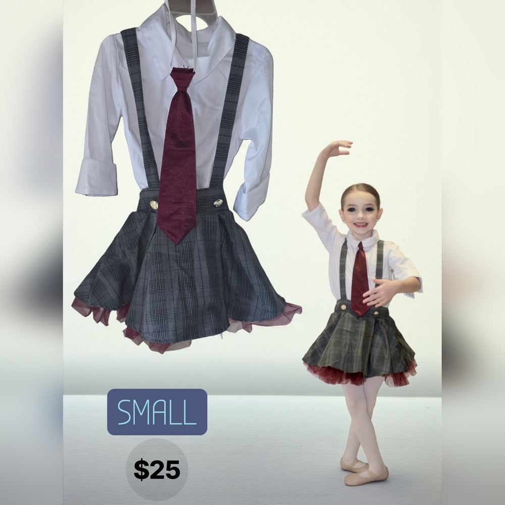 Children's Plaid Skirt with Suspenders and Burgundy Tie Dance Costume